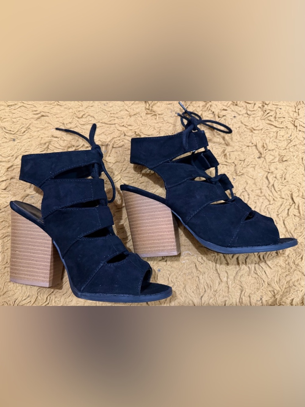 Women’s Black Suede Lace-Up Block Heel Sandals